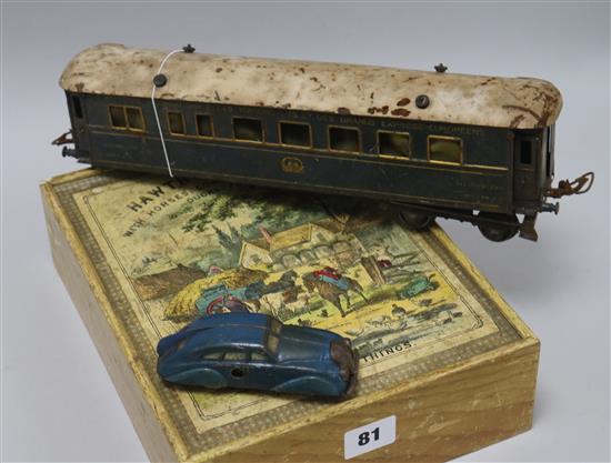 A Victorian Hawthorn Farm jigsaw puzzle with reverse map. a tin plate car and a carriage